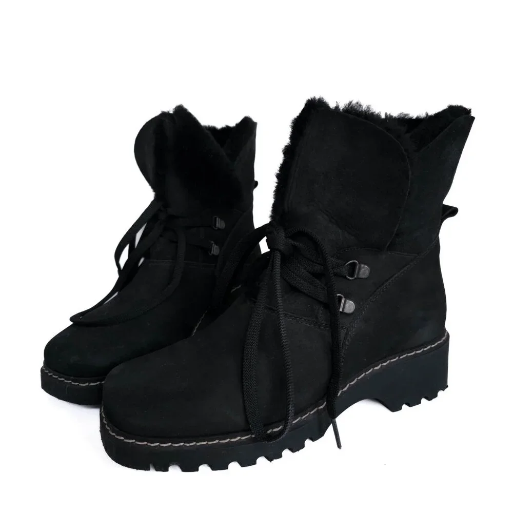 La Canadienne Shearling Lace Up Booties Womens 6.5 M Black Square Toe Waterproof